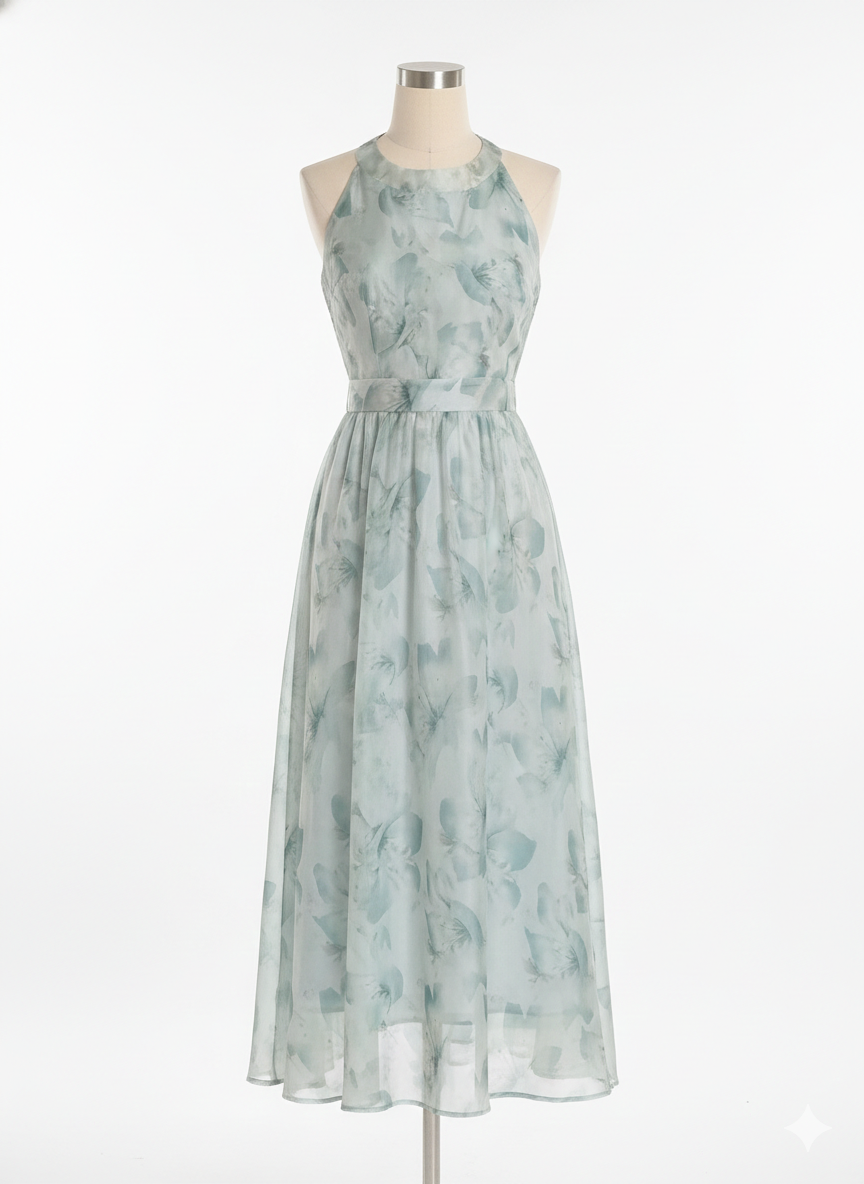 Sage Bloom Halter Midi Dress with In-Built Bra