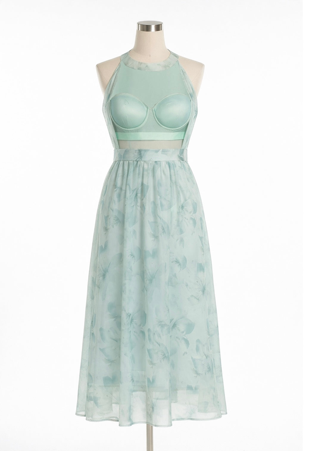 Sage Bloom Halter Midi Dress with In-Built Bra