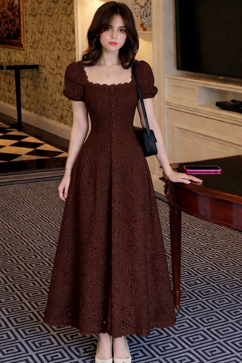 Mocha Bloom Lace Built-In Bra Office Dress